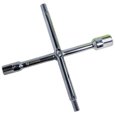 A chrome-plated cross wrench is shown against a white background.