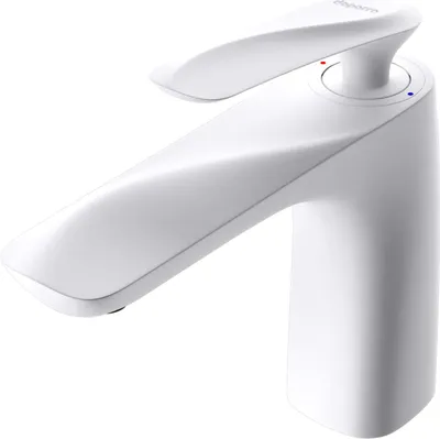 A white single-lever faucet for a washbasin, shown from a side-front angle against a white background.