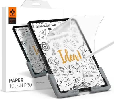 A screen protector for an iPad Pro is shown being applied to the device, with a box in the background.