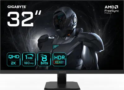 A marketing image of a Gigabyte gaming monitor, showcasing its features.