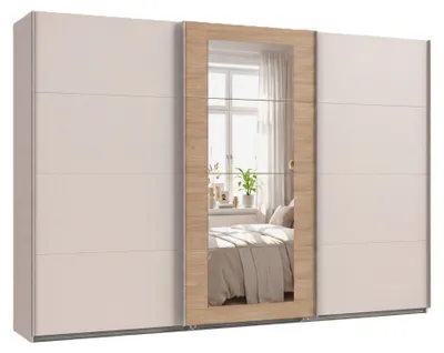 Produktbild von Schwebetürenschrank 3-trg. Kleiderschrank 313 cm Beige Grau, Eiche Natur Nachbildung, Spiegel / 22631