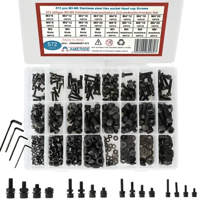 Produktbild von 572pcs Innensechskant Zylinderschrauben M3 M4 M5 M6 Kohlenstoffstahl Schrauben Muttern Sortiment Set, Schwarz