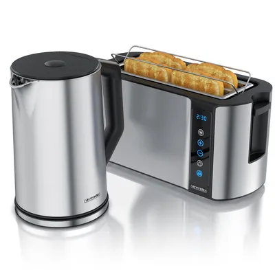 Produktbild von Arendo Frühstücks-Set Edelstahl, Wasserkocher Toaster Set, Wasserkocher mit Temperatureinstellung 1,5l, Toaster 2 Scheiben Langschlitz, Brötchenaufsatz, Touch, silber