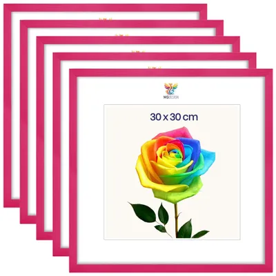 Produktbild von MG Design 5er Set Bilderrahmen 30 x 30 cm - Posterrahmen mit Rosa Echtholzrahmen und bruchsicherem Acrylglas, Hoch & Quer mit stabiler Wandaufhängung