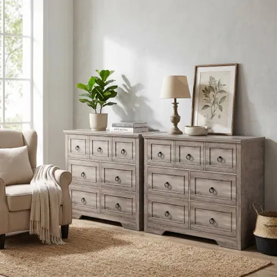 Obrázok produktu pre 2X komoda – úložná komoda so 7 zásuvkami, 102 x 40 x 85 cm, ľahko sa otvárajúce úchytky, do obývačky, predsiene alebo vstupnej haly, v rustikálnej šedej farbe