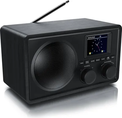 A black DAB+ radio with a display screen and antenna, shown from a three-quarter angle on a white background.