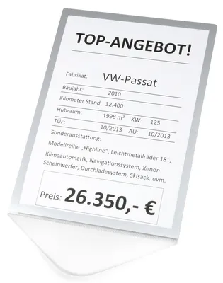 Produktbild von Preisblatthalter, zum Klemmen hinter Seiten- oder Frontscheibe, transparent mit silbernem Rahmen, Transparent, Verpackungseinheit: 5 STK