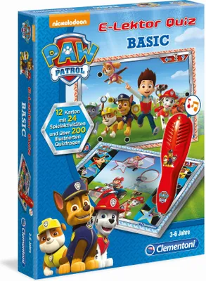 The image shows the front of a Paw Patrol E-Lektor Quiz Basic game box. The box features characters from the Paw Patrol show and highlights the game's features.