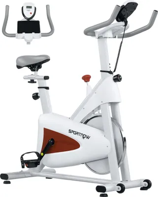 Image de SPORTNOW Vélo d'appartement vélo stationnaire silencieux avec selle et résistance réglables, moniteur LCD, support de tablette, vélo d'exercice d'intérieur pour entraînement cardio à domicile, blanc