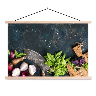 Produktbild von MuchoWow® Textilposter Gemüse - Kräuter - Wiegemesser - Zwiebel - Gewürze - Rustikal 120x80 cm mit holzfarbenen Rahmen - Aufhängeset