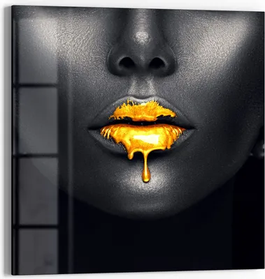 Produktbild von DEQORI Glasbild Echtglas 50x50 cm 'Goldbedeckte Lippen' Wandbild Bild modern Deko