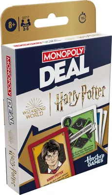 A product shot of the Monopoly Deal Harry Potter card game box.