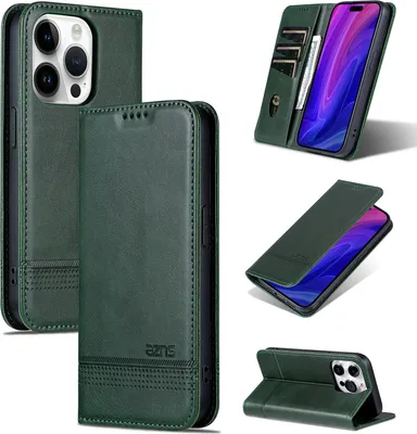 Immagine prodotto di Custodia in pelle per iPhone 16 Pro, custodia pieghevole a portafoglio con chiusura magnetica e supporto verde