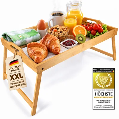 Produktbild von XXL Frühstückstablett aus Bambus klappbares Serviertablett Betttablett Laptoptisch mit Beinen 70x45x25cm Holztablett für Bett Couch Sofa