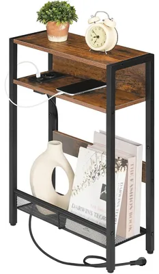 Produktbild von Beistelltisch Nachttisch Couchtisch - Schmal - 61 x 18 x 42 cm - Vintagebraun und Schwarz - Mit Ladestation und 2 USB-Anschlüssen