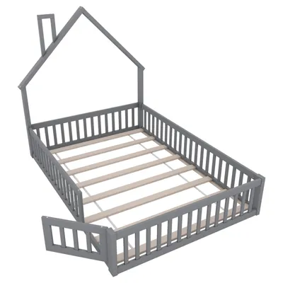 Produktbild von Polsterbett,140x200cm,Kinderbett(Grau) mit Schornsteinform, Bett mit Lattenrost , Kiefernholz, Minimalistischer Stil
