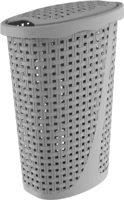 A gray laundry basket with a woven texture and a lid.