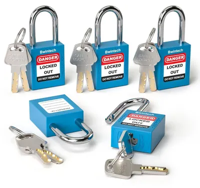 Obrázek produktu pro Bezpečnostní zámek pro systém blokování a označování (Lockout/Tagout), 38 mm, modrá, 5 kusů
