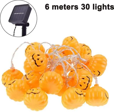 Produktbild von Halloween-Kürbis-Lichterkette, Solar-Lichterkette, 6 m, 30 LEDs, dekorative Außenbeleuchtung für Terrasse, Garten, Tor, Hof, Halloween- und Weihnachtsdekoration
