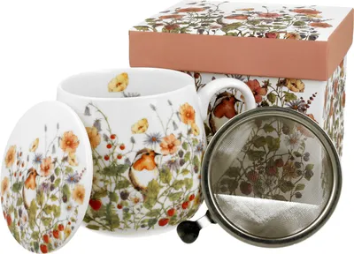 Zdjęcie produktu dla Kubek DUO FLORAL 430 ml WILD BIRD z sitkiem do herbaty, nowa porcelana Bone China