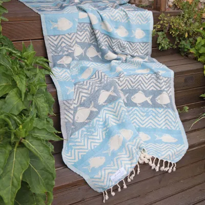 Produktbild von ANEMOSS Türkisches Peshtemal mit Fischmuster, 100% Baumwolle, Weich, Schnell Trocknend, Peshtemal für Strand, Pool und Bad, 100x180 cm,  Türkiye