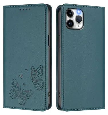 Obrázek produktu pro Kožené pouzdro pro iPhone 11 Pro, motýlí ražbou, peněženkové flip pouzdro se stojánkem Zelená