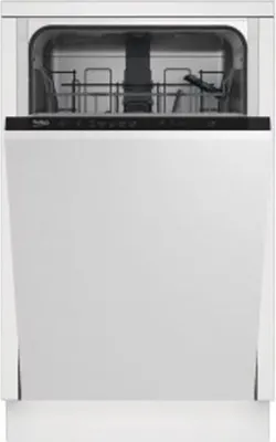A front view of a white Beko built-in dishwasher with its door open.