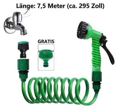 Image de Kit de tuyau d'arrosage en spirale de 7,5 m avec pistolet multifonction à 7 jets, haute pression, anti-fuites, pour le jardin, la voiture, le nettoyage et l'extérieur, vert