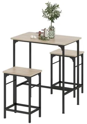 Produktbild von Bartisch Set 80.0 x 50.0 x 87.0 cm Stahl Naturholz Mit 2 Barhockern Rutschfestes Fusspolster Kuechentisch Esszimmer Kueche
