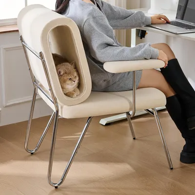 Immagine prodotto di Sedia da ufficio Merax con cuccia per gatti - Sedia adatta agli animali domestici, design ergonomico e braccioli regolabili, sedia da computer, sedia imbottita, beige