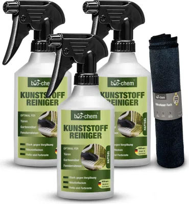 Produktbild von bio-chem Kunststoffreiniger 3x 500 ml + Tuch, PVC-Reiniger, Rauchgeruch-Entferner, Nikotin-Entferner, Kraftreiniger für Kunststoff-Fenster, Fenster-Rahmen, Heizkörper, Gartenmöbel, u.v.m.