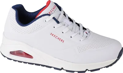A white Skechers Uno sneaker with red and blue accents is shown from a side angle against a white background.