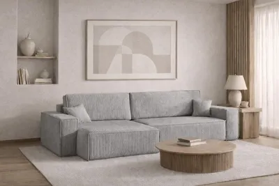 Image de Canapé d'angle avec fonction sommeil et coffre de lit BEST XL, tissu Poso velours côtelé épais, gris, gauche