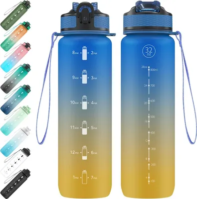 Produktbild von 1 Liter Sportwasserflasche mit Strohhalm und Zeitmarkierungen, auslaufsichere Tritan-Trinkflasche, BPA-frei für Fitness, Radfahren, Camping, Laufen, grün und blau