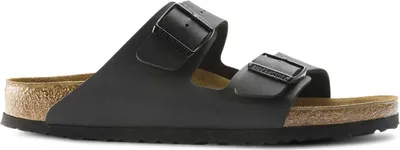 A single black Birkenstock Arizona sandal is shown against a white background.