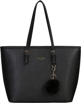 Image de URAQT Femme Sac à main Noir Lapin Fourrure Boule Peluche Porte-clés