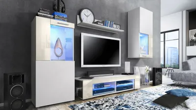 Produktbild von Vladon Wohnwand Movie, Anbauwand bestehend aus 1 TV-Board, 2 Vitrinen und 1 Regal, Weiß matt/Weiß matt/Creme Hochglanz, inkl. LED-Beleuchtung in blau (Gesamt: 300 x 190 x 39 cm)
