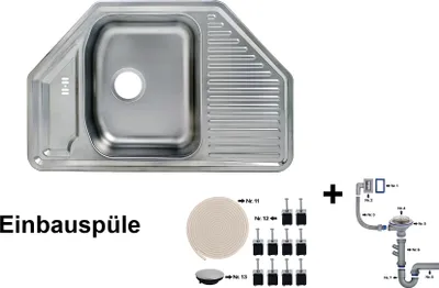 Produktbild von Edelstahl Einbauspüle 78 x 50 cm Eckspüle 1 Becken  Einbauspüle Spüle + Zubehör Spülbecken Küchenspüle
