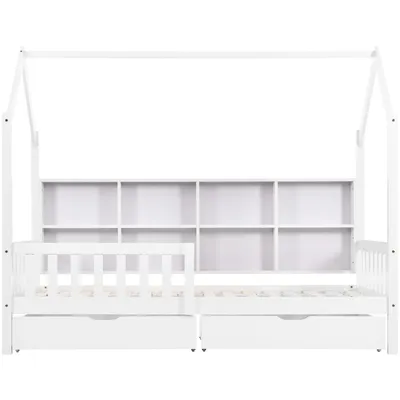 Produktbild von Flieks Kinderbett 90x200cm mit Rausfallschutz, Hausbett mit Lattenrost und 2 Schubladen, Massivholzbett Bodenbett mit Bücherregal, Weiß