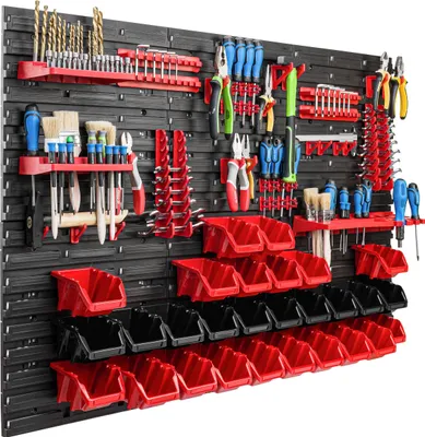 Immagine prodotto di Sistema di stoccaggio Scaffale da officina | 117 x 78 cm | 28 pezzi. Scatola | Scaffale a muro con supporti per utensili e contenitori impilabili - Pannelli a muro Scaffale extra forte Scaffale forato per utensili Scaffale da magazzino Scaffale da garage
