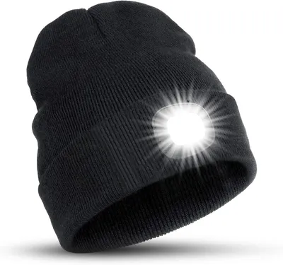 Produktbild von Beanie Mütze mit Licht, 4LED Winter Strickmütze, USB Wiederaufladbare Wintermütze, Warme Mütze Kappe zum Camping, Joggen, Schwarz
