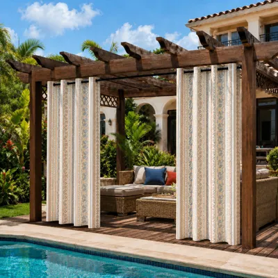 Image de Ensemble de 2 rideaux d'extérieur de 132x244 cm, imperméables, de style bohème vintage, avec œillets. Rideaux résistants aux intempéries, adaptés pour une pergola, une terrasse, un balcon, et servant de protection contre le vent. (Mot-clé : gingembre)