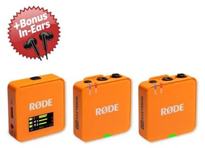 Zdjęcie produktu dla System mikrofonów bezprzewodowych Rode Wireless GO Gen 3 w kolorze pomarańczowym + słuchawki douszne w prezencie