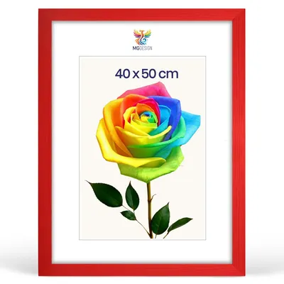 Produktbild von MG Design Bilderrahmen 40 x 50 cm - Posterrahmen mit Rot Holzrahmen (Echtholz) und bruchsicherem Acrylglas, Hoch & Quer mit stabiler Wandaufhängung