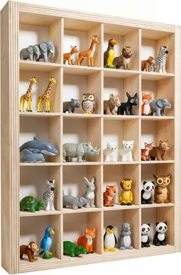 A wooden display case filled with various animal figurines.