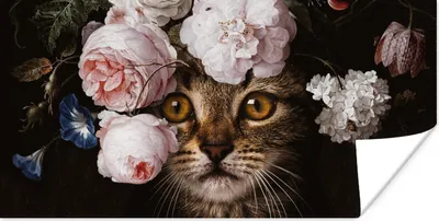 Produktbild von MuchoWow® Poster Katze - Blumen - Tiere 40x20 cm - Poster für die Wand - Poster Schlafzimmer