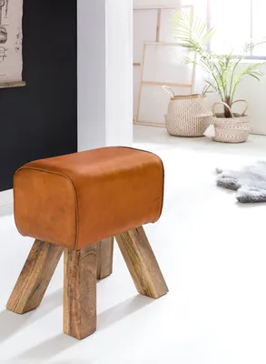 Produktbild von WOHNLING Sitzhocker Leder Braun Massivholz Springbock Fußhocker Turnhocker