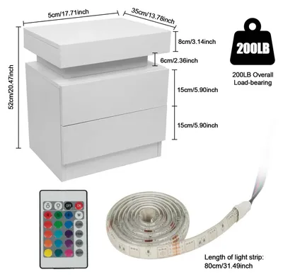 Immagine prodotto di Comodino - Comodino a 2 cassetti - Striscia luminosa a LED - Design moderno - Legno - Per camera da letto - Bianco