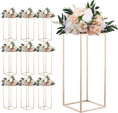 Produktbild von SucceBuy Hochzeitsblumenständer 250x250x600mm, 10 Stück Blumenhalter, rechteckiger Pflanzenständer aus Metall in Gold für Feiern, Geburtstage, Hochzeiten und Tischdekoration