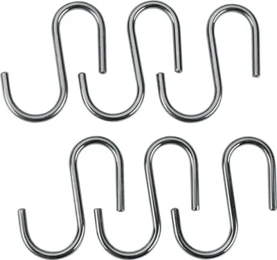 A group of S-shaped hooks on a white background.